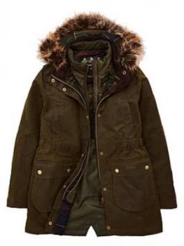 Barbour Girls Thrunton Waxed Faux Fur Hooded Coat - Olive Size 6-7 Years, Women