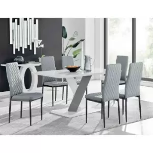 Furniture Box Monza 6 White/Grey Dining Table and 6 Grey Milan Black Leg Chairs