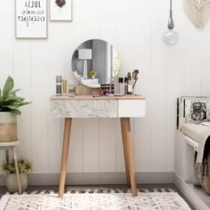 Wooden Compact Dressing Table With Leaf Print Drawer And Mirror White And Natural