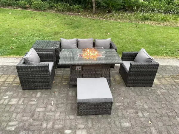 Fimous 5 Seater Outdoor Dark Grey PE Rattan Lounge Sofa Complete Set with Gas Fire Pit Table and Big Footstoo;