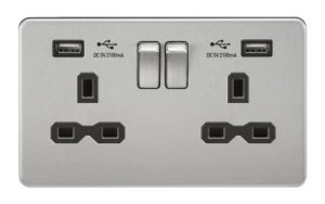 KnightsBridge 2G 13A Screwless Brushed Chrome 2G Switched Socket with Dual 5V USB Charger Ports - Black Insert