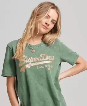 Superdry Womens Embellished Graphic Logo T-Shirt Green / Dark Grey Green - Size: 10