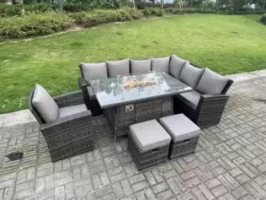 Fimous 7 Seater Dark Grey Rattan Garden Furniture Corner Sofa Set with Gas Fire Pit Dining Table and 2 Stools