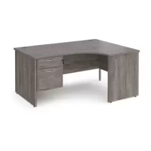 Maestro 25 right hand ergonomic desk 1600mm wide with 2 drawer pedestal - grey oak top with panel end leg