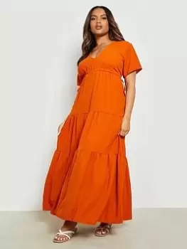 Boohoo Curve Tie Detail Tiered Maxi Dress - Rust, Brown, Size 18, Women