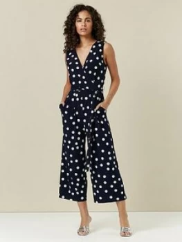 Wallis Spot Culotte Jumpsuit - Navy, Size 16, Women