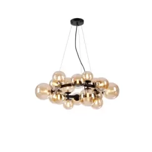 Marshall Circular Ceiling Pendant, 16 Light G9, Satin Black, Amber Plated Glass