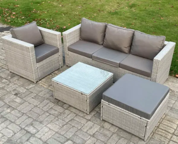 Fimous 4 Seater Outdoor Light Grey Rattan Lounge Complete Sofa Set with Square Coffee Table and Big Footstool