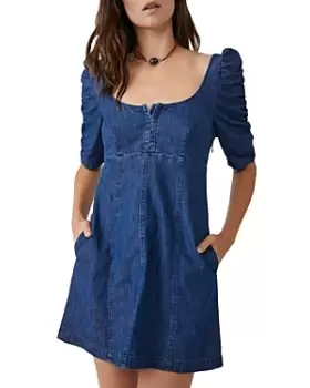 Free People Cheyenne Denim Ruched Sleeve Mini Dress