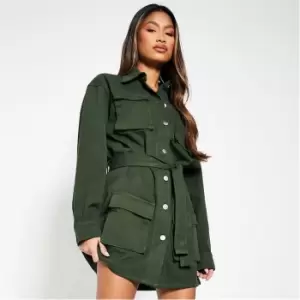 I Saw It First Utility Pocketed Belted Denim Dress - Green