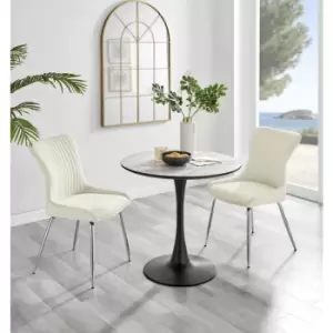 Furniturebox UK - Furniturebox Elina White Marble Effect Modern 80cm Round Dining Table & 2 Cream Nora Silver Leg Velvet Chairs