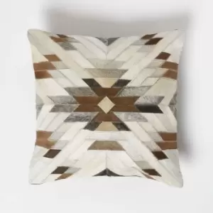 Geometric Star Brown & Cream Leather Cushion 45 x 45cm - Cream & Brown - Homescapes