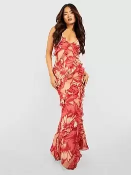 Boohoo Floral Ruffle Maxi Dress - Pink, Size 10, Women