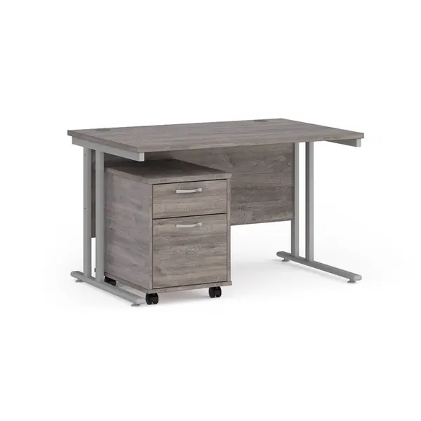 Maestro 25 Straight Desk with Silver Cantilever Frame and 2 Drawer Pedestal - Grey Oak - 1200mm x 800mm