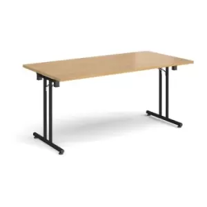 Rectangular folding leg table with Black legs and straight foot rails 1600mm x 800mm - oak