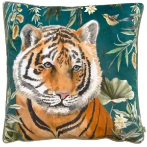 Orient Tiger Head Cushion Teal, Teal / 50 x 50cm / Polyester Filled