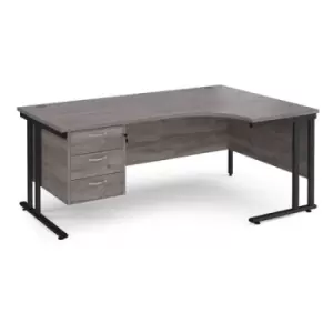 Maestro 25 right hand ergonomic desk 1800mm wide with 3 drawer pedestal - Black cantilever leg frame and grey oak top