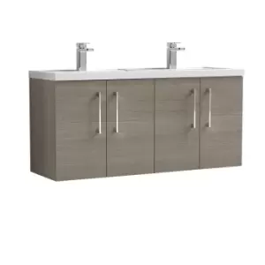 Nuie Arno 1200mm Wall Hung 4 Door Vanity & Double Polymarble Basin Solace Oak