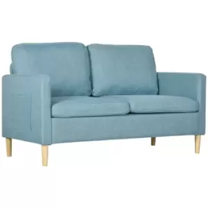 HOMCOM 143cm 2 Seater Sofa for Living Room, Modern Fabric Couch, Loveseat Sofa Settee with Wood Legs and 2 Pockets for Bedroom and Home Office, Blue