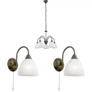 Ceiling Pendant Light & 2x Matching Wall Lights Rust Effect & Alabaster Glass