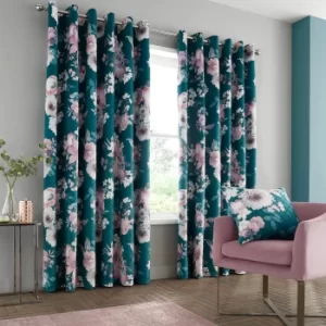 Catherine Lansfield Shewsbury Digital Print Velvet Pinsonic Teal Eyelet Curtains Teal (Blue)