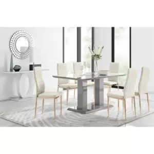 Furniture Box Imperia 6 Grey Dining Table and 6 Cream Velvet Milan Gold Leg Chairs