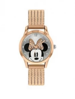 Disney Minnie Mouse Silver And Rose Gold Crystal Set Bow Dial Rose Gold Stainless Steel Mesh Strap Watch