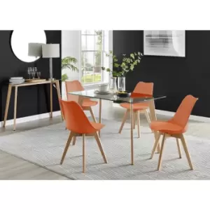 Furniturebox UK - Furniturebox Malmo Rectangular Glass and Wooden Leg Modern Industrial Dining Table & 4 Orange Stockholm Wooden Leg Faux Leather