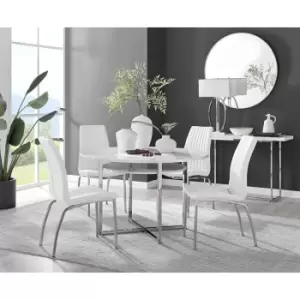 Furniturebox Adley White High Gloss 120cm Storage Dining Table & 4 White Isco Silver Leg Faux Leather Chairs