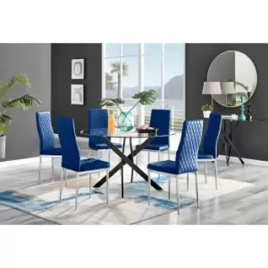 Furniture Box Novara Black Leg 120Cm Round Glass Dining Table and 6 Navy Velvet Milan Chairs