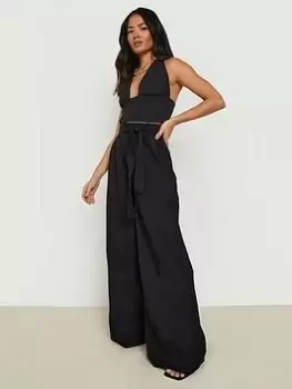 Boohoo Linen Belted Wide Leg Trouser - Black, Size 8, Women