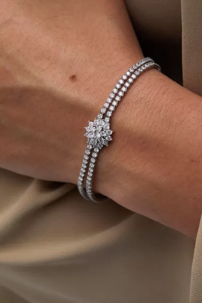 Rhodium Plated Double Row Floral Bracelet