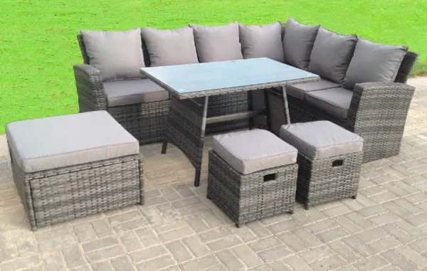 Fimous 6 Seater Outdoor Dark Grey High Back Rattan Lounge Complete Sofa Set with Oblong Dining Table, 2 Stools and Big Footstool