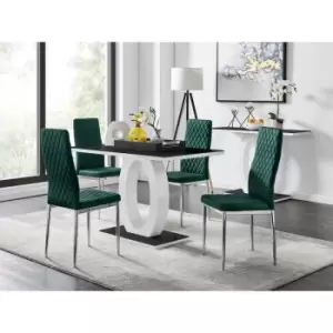 Furniturebox UK - Furniturebox Giovani 4 Black Dining Table & 4 Green Milan Velvet Dining Chairs Diamond Stitch Modern Contemporary Chrome Metal