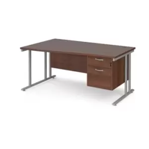 Office Desk Left Hand Wave Desk 1600mm With Pedestal Walnut Top With Silver Frame Maestro 25 MC16WLP2SW