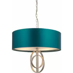 Antique Silver Ceiling Pendant Light & Teal Satin Shade - 3 Bulb Hanging Fitting