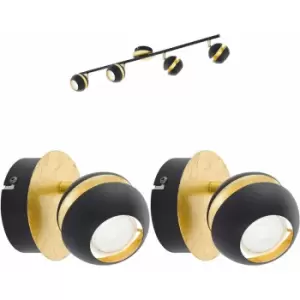 Quad Ceiling Light & 2x Matching Wall Lights Black & Gold Adjustable Trendy