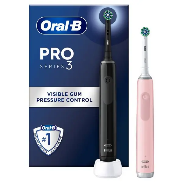 Oral B Pro 3 3900 Visible Gum Pressure Control Black & Pink Electric Toothbrush Duo Pack