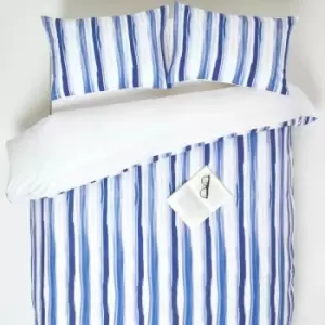 Blue Stripe Digitally Printed Cotton Duvet Cover Set, Super King - Blue - Homescapes