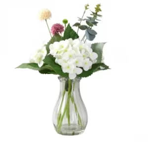 Faux Pink and White Floral Arrangement in Tear Drop Clear Glass vase