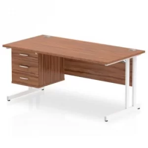 Impulse 1600 Rectangle White Cant Leg Desk WALNUT 1 x 3 Drawer Fixed Ped