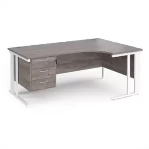 Maestro 25 right hand ergonomic desk 1800mm wide with 3 drawer pedestal - white cable managed leg frame and grey oak top