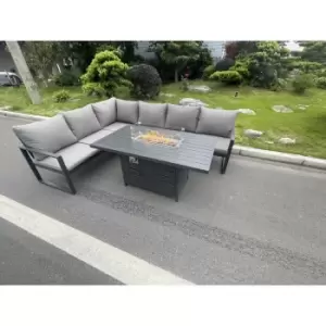 Fimous 6 Seater Outdoor Dark Grey Aluminum Corner Sofa Complete Dining Set with Gas Fire Pit and Gas Heater