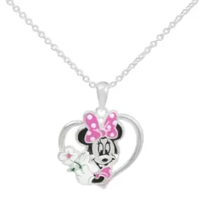 Disney Minnie Mouse Pink & Black Enamel Silver Plated Brass Heart Necklace CF00123SRPL-Q