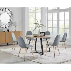 Furniture Box Santorini Brown Round Dining Table and 6 Grey Corona Gold Leg Chairs