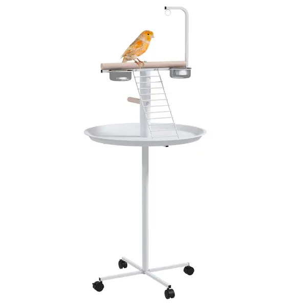 Bird Table with Four Wheels, Perches, Stainless Steel Feed Bowls, Round Tray