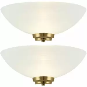 Loops - 2 pack Dimmable LED Wall Light Antique Brass White Pattern Glass Shade Dome Lamp