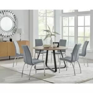 Santorini Brown Round Dining Table And 6 Grey Isco Chairs - Elephant Grey