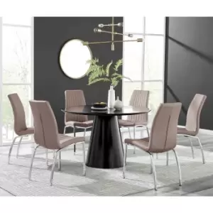 Furniture Box Palma Black Semi Gloss Round Dining Table and 6 Cappuccino Isco Chairs