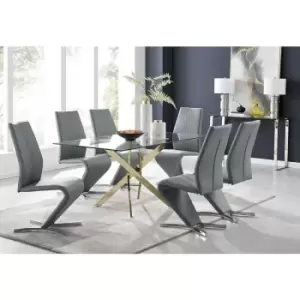 Furniturebox Leonardo 150cm Modern Glass And Gold Metal Dining Leg Table And 6 Elephant Grey Willow Faux Leather Silver Chrome Feet Dining Chairs